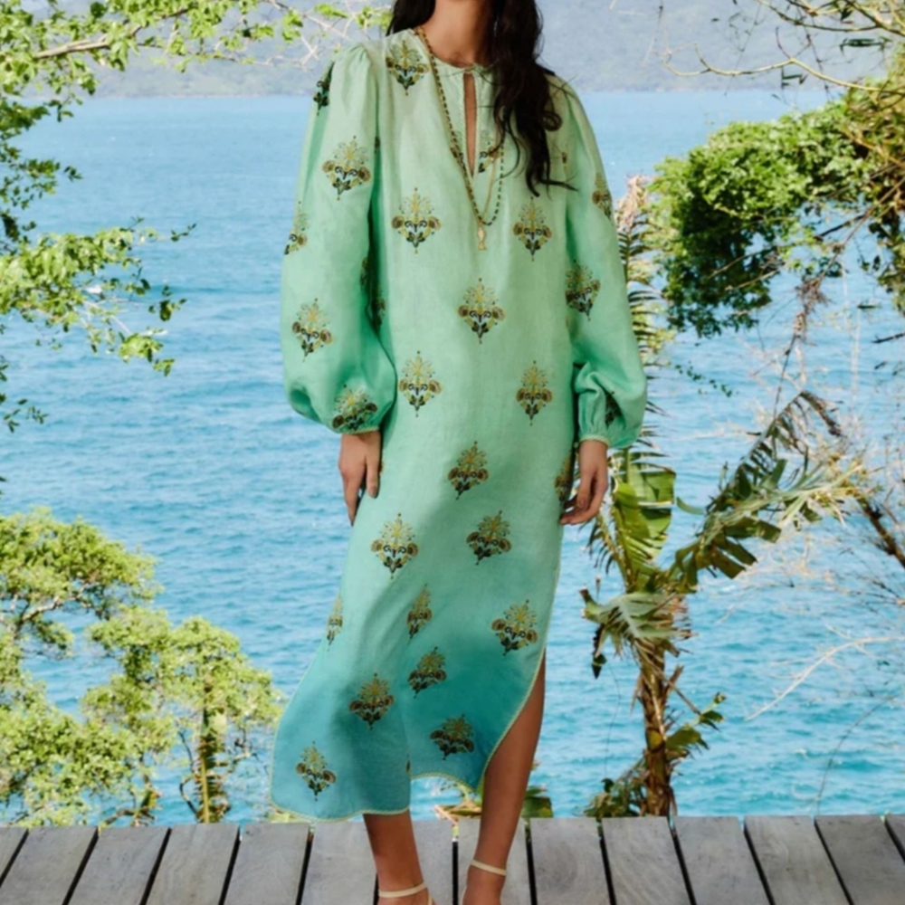 FARM Rio Turquoise Tunic Floral Long Sleeve Dress